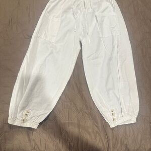 Women's White Capris with Button Accents Lightweight Drawstring Elastic Waist
